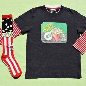 Mini Boden Boys Girls Popcorn movie night t-shirt size 7 8 cotton matching socks